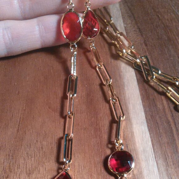 Simulated Ruby Ion Plate Yellow Gold Stainless Steel Paperclip Necklace - Picture 10 of 13